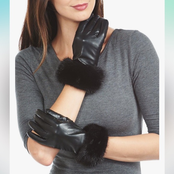 Faux Fur Trim Black Faux Leather Gloves - Picture 1 of 1